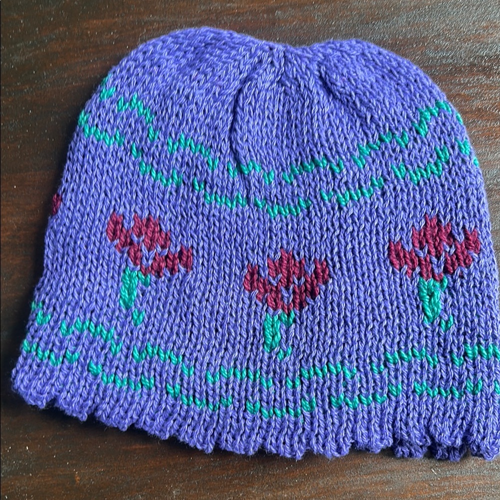 Purple Knitted Kids Beanie with Floral Design